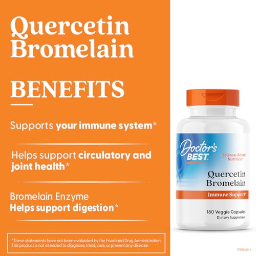 Ingredients in a glass bowl show bromelain and quercetin in Doctor's Best supplement.