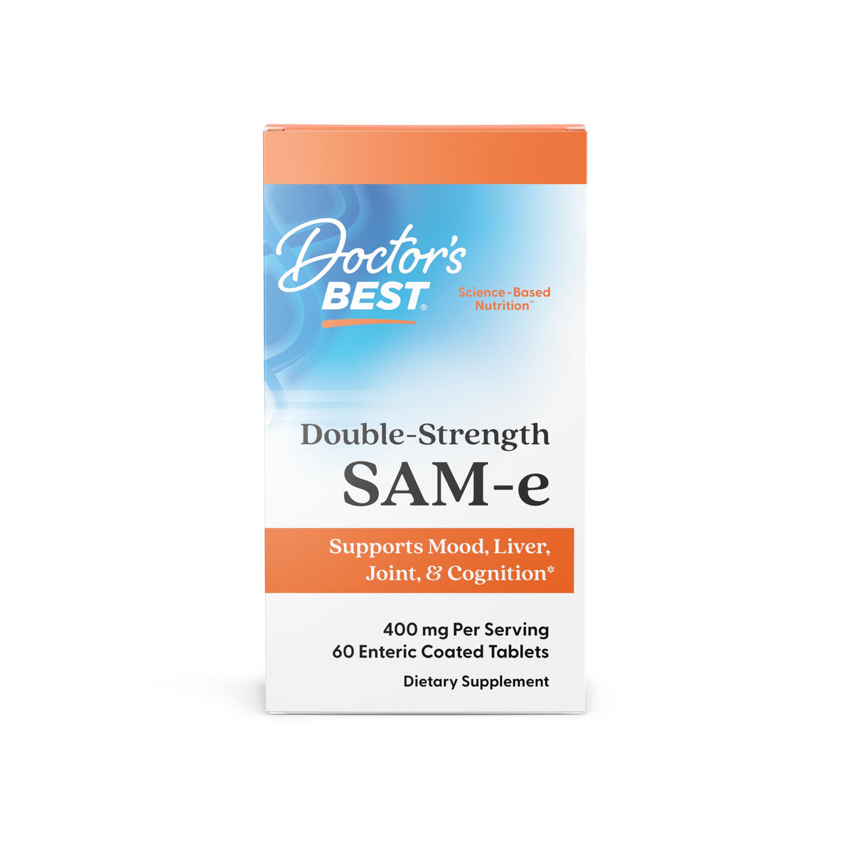Doctor's Best SAM-e 400 mg bottle label close-up highlighting mood support