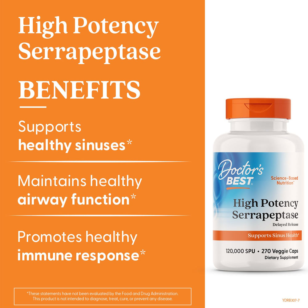 Doctors Best Serrapeptase bottle on shelf for sinus support