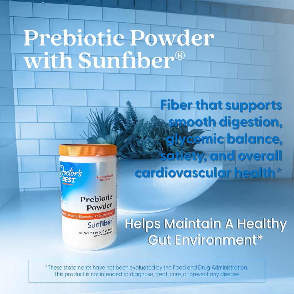 Box and bottle of Doctor's Best Sunfiber prebiotic fiber powder