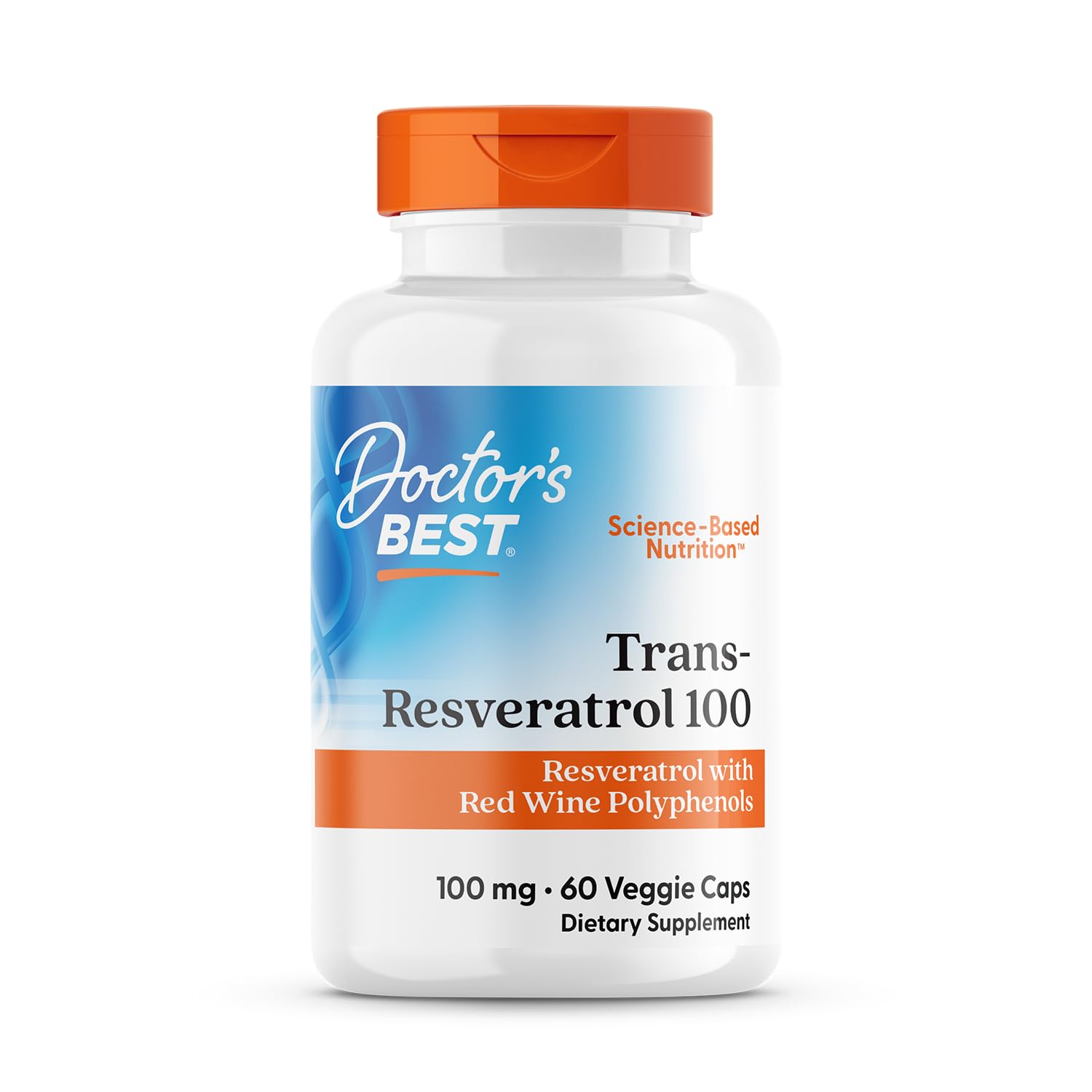 Doctor's Best Trans-Resveratrol bottle label emphasizing ResVinol and antioxidant support