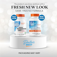 Doctor's Best Trans-Resveratrol capsules close-up highlighting vegan, non-GMO formula