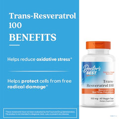 Doctor's Best Trans-Resveratrol jar on counter showing vegan capsules for cellular health
