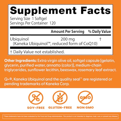 Doctors Best Ubiquinol label highlights Non-GMO and allergen-free features