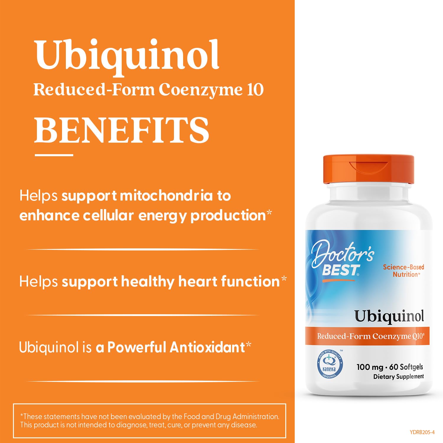 Doctor's BEST Ubiquinol label close-up emphasizing Kaneka Ubiquinol and non-GMO.