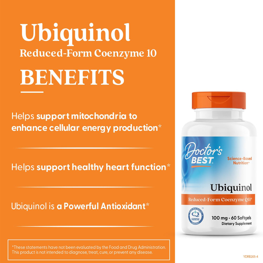 Doctor's BEST Ubiquinol label close-up emphasizing Kaneka Ubiquinol and non-GMO.