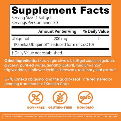 Doctor's Best ubiquinol label highlights non-GMO and gluten-free ingredients.