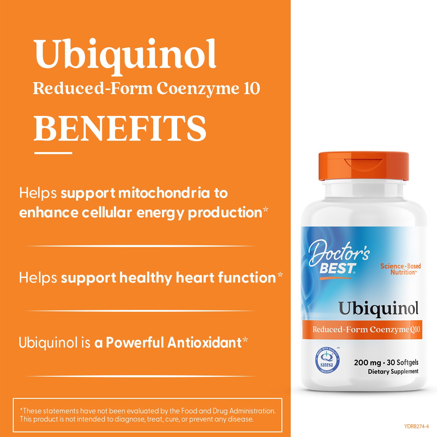 Doctor's Best ubiquinol packaging displays soy-free formula and 30 softgels.