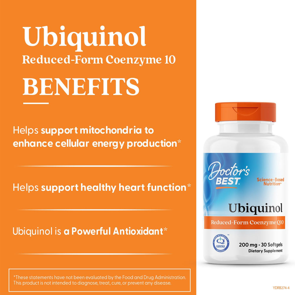 Doctor's Best ubiquinol packaging displays soy-free formula and 30 softgels.