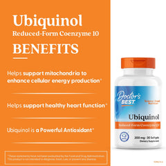 Doctor's Best ubiquinol packaging displays soy-free formula and 30 softgels.