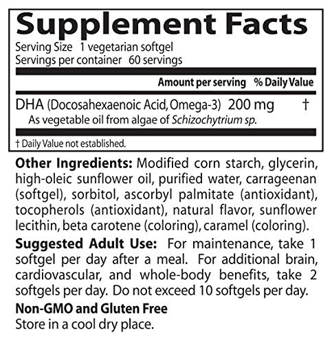 Doctors Best Vegan DHA algae softgels front label signals brain and heart support potential.