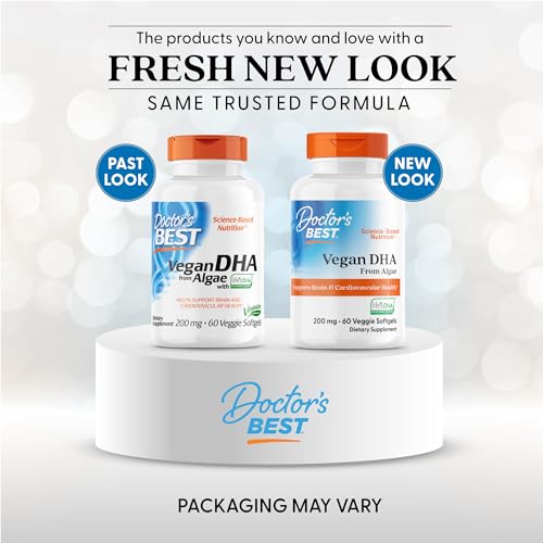 Doctors Best Vegan DHA algae softgels bottle cap shows non-GMO and gluten-free claims.