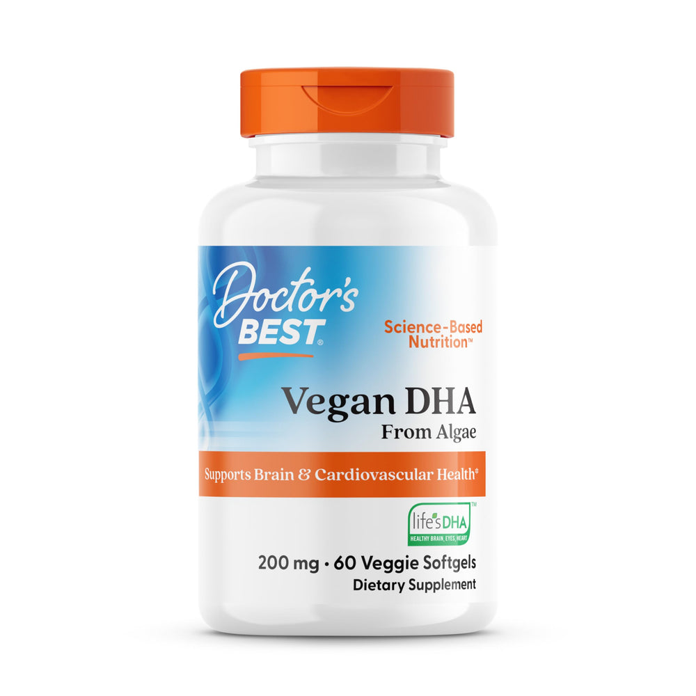 Doctors Best Vegan DHA algae softgels bottle front label highlights brain health support.