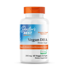 Doctors Best Vegan DHA algae softgels bottle front label highlights brain health support.