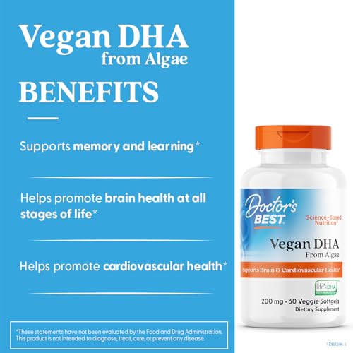 Doctors Best Vegan DHA algae softgels packaging displays nutrition panel and vegetarian origin.