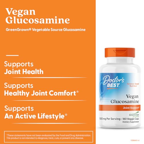 Close-up of the Doctor's Best label emphasizes vegan glucosamine and non-GMO ingredients.