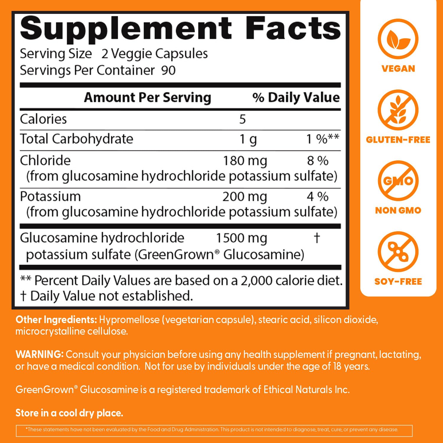 GreenGrown vegetable source glucosamine icon highlights pesticide-free, high-purity supplement.