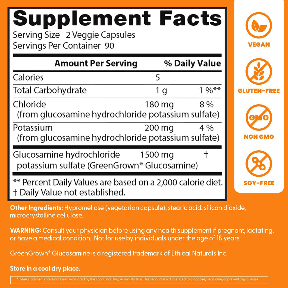 GreenGrown vegetable source glucosamine icon highlights pesticide-free, high-purity supplement.