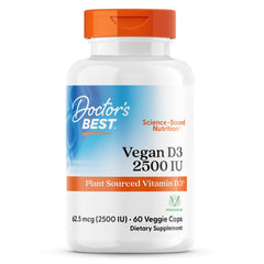 Doctor's Best Vegan Vitamin D3 2500 IU bottle highlights easy veggie capsules for daily immune and bone support.