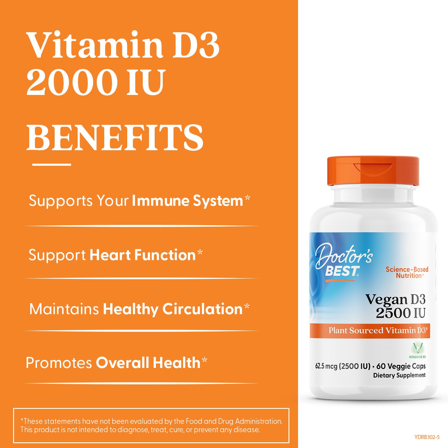 Doctor's Best Vegan Vitamin D3 capsules close-up, designed to aid calcium absorption for strong bones.