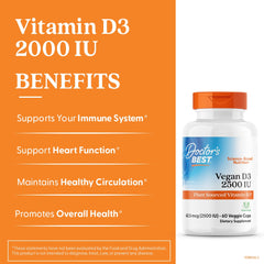 Doctor's Best Vegan Vitamin D3 capsules close-up, designed to aid calcium absorption for strong bones.