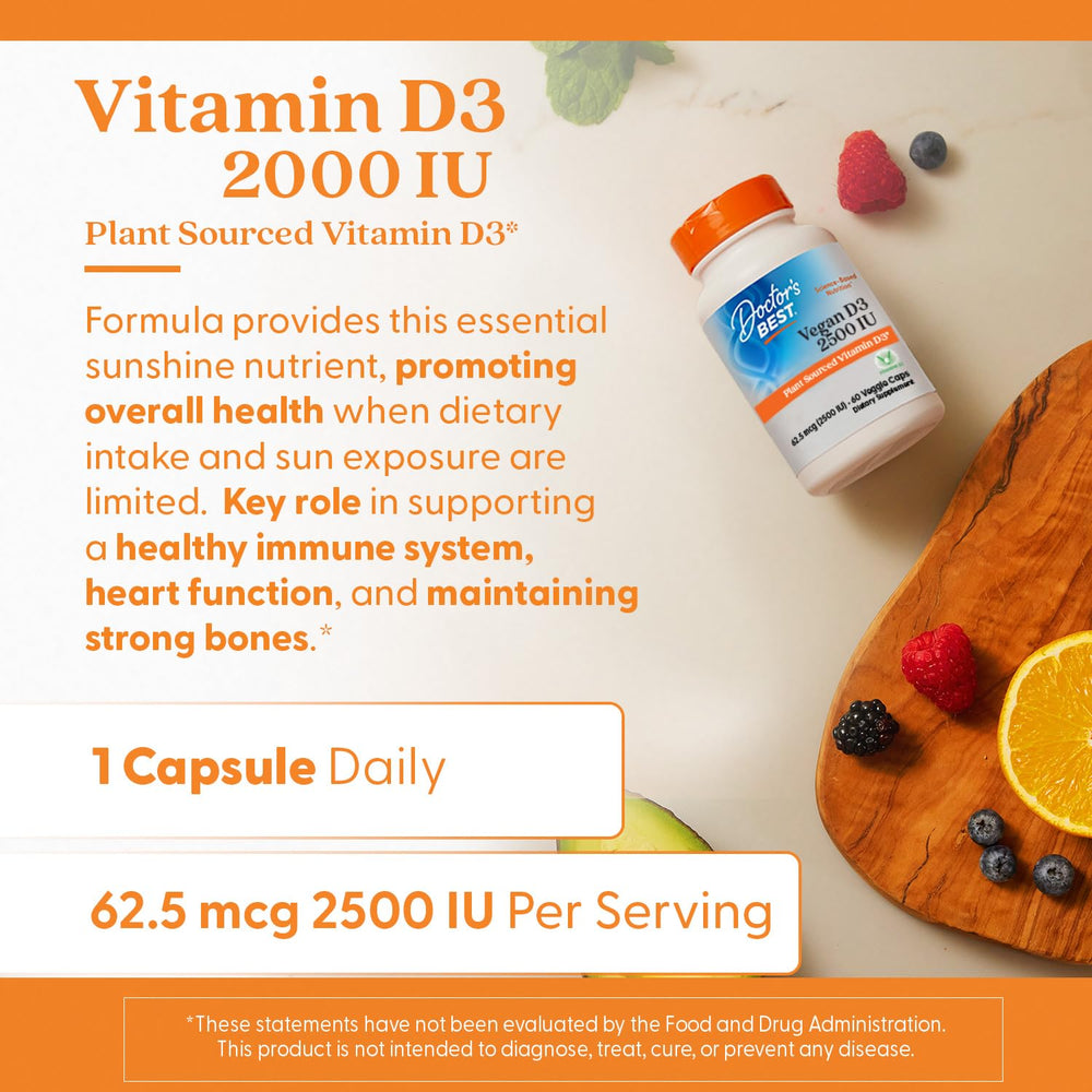 Doctor's Best Vitamin D3 serving-size image emphasizes 60 veggie capsules for daily intake.