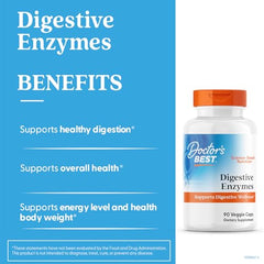 Doctors Best vegetarian capsules closeup suggesting plant-based, non-GMO digestion support