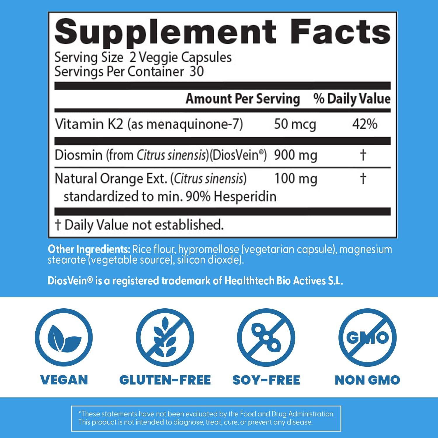 Doctors Best Vein Support ingredients K2, Diosmin, Hesperidin for circulation support