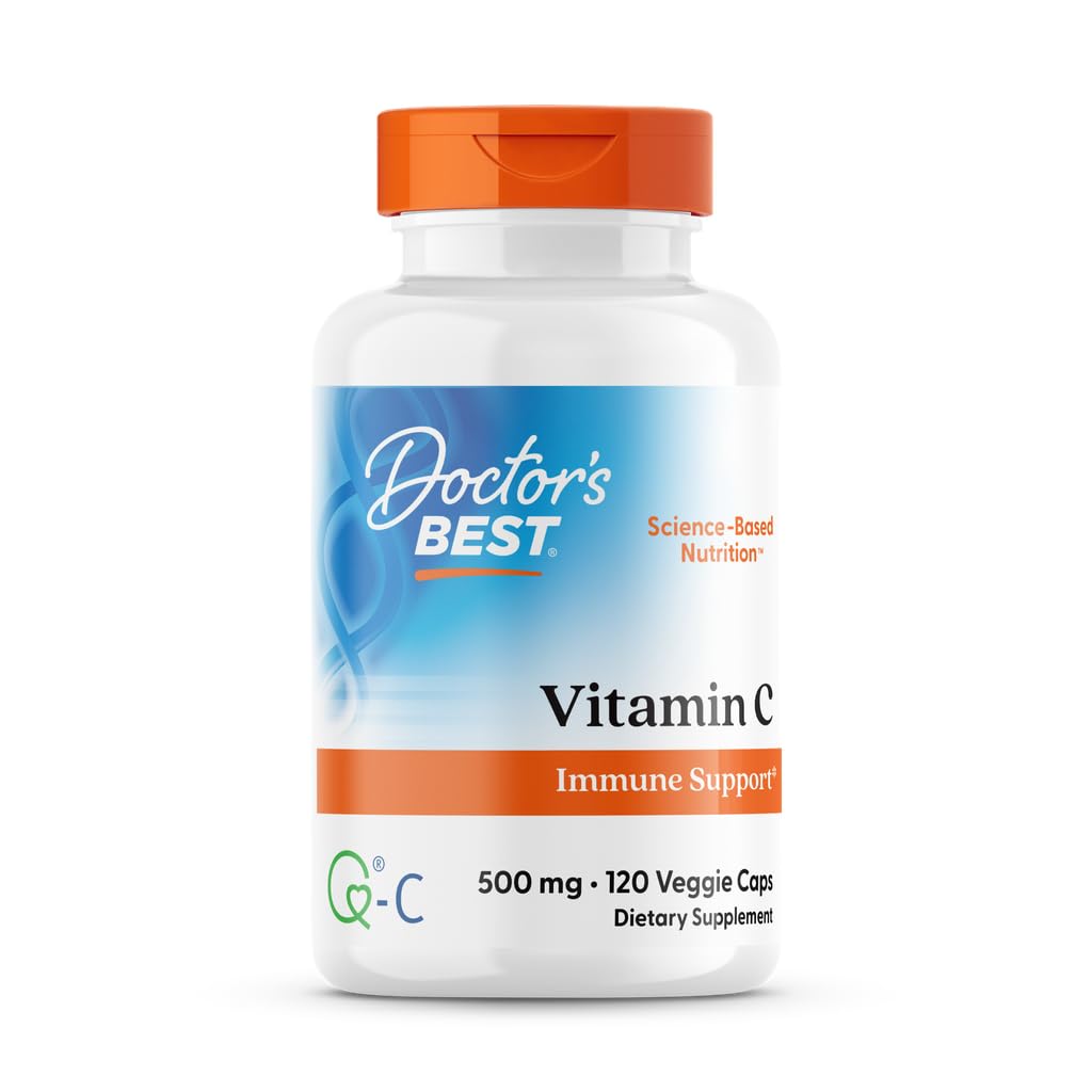 Doctor's Best Vitamin C 500mg bottle highlighting Q-C for immune support.