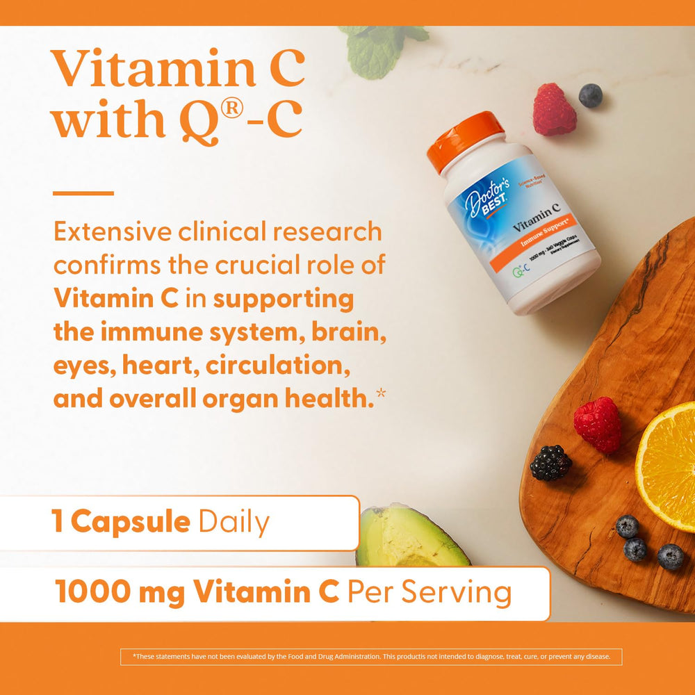 Label details of Doctor's Best Vitamin C with Q-C emphasizing non-GMO and gluten-free status.