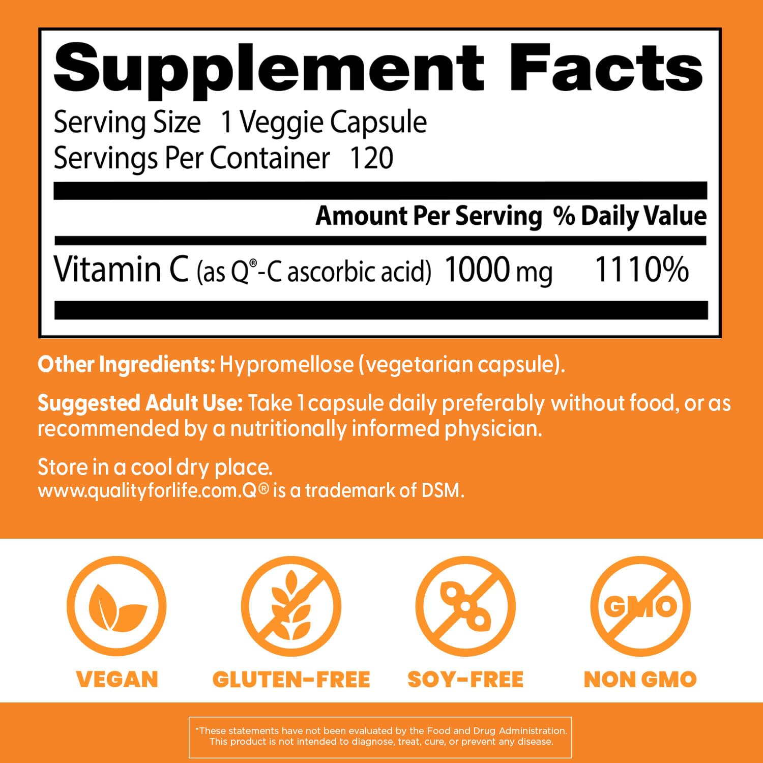 Doctors Best Vitamin C with Q-C label displaying 1000 mg dosage and vegan formula.