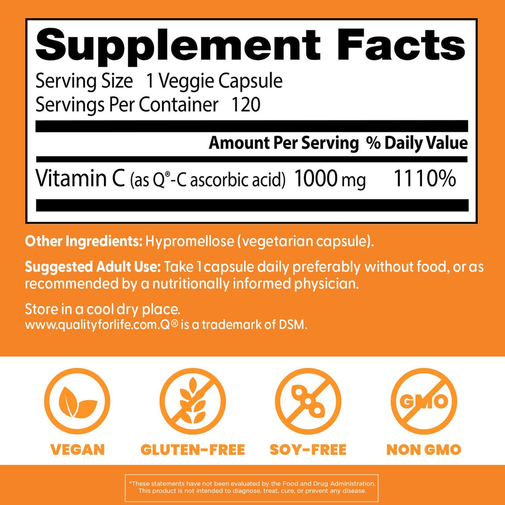 Doctors Best Vitamin C with Q-C label displaying 1000 mg dosage and vegan formula.