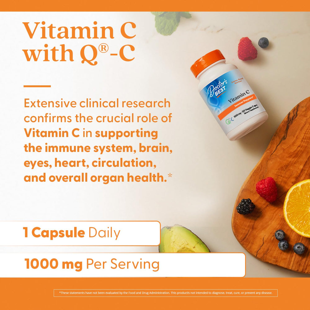 Doctors Best Vitamin C with Q-C Scotland-origin bottle highlighting premium sourcing.