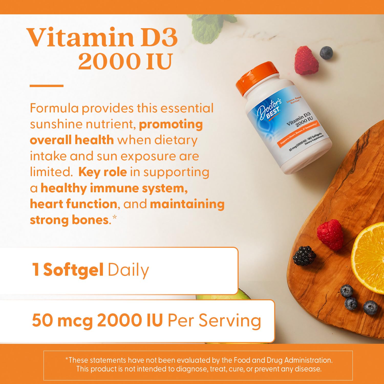 Doctor's Best Vitamin D3 2000 IU nutrition facts panel informs dosage and purpose