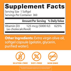 Dosing illustration of 5000 IU capsules shows convenient daily vitamin D intake