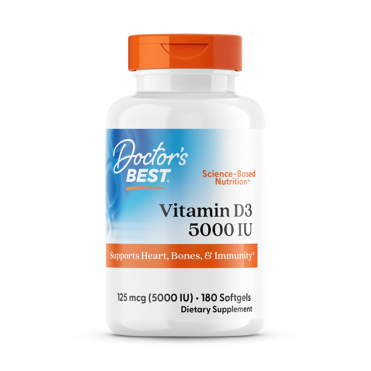 Doctor's Best Vitamin D3 5000IU bottle front view highlighting bone support and immune help