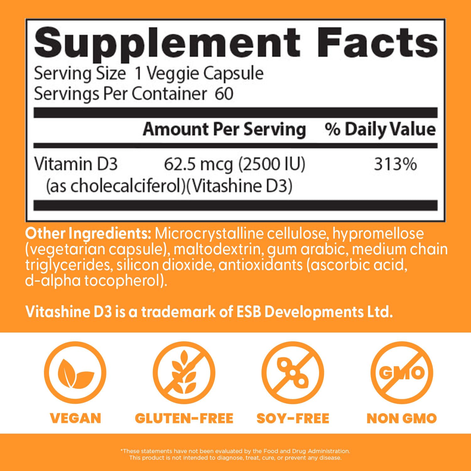 Doctor's Best Vitamin D3 bottle shows 2500 IU per serving for heart and immune wellness.