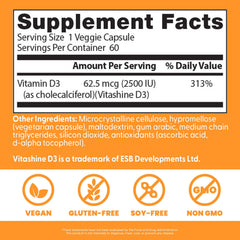 Doctor's Best Vitamin D3 bottle shows 2500 IU per serving for heart and immune wellness.