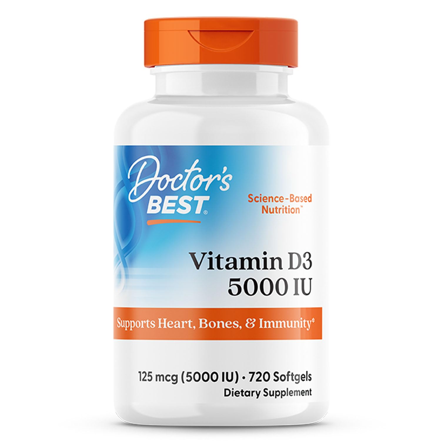 Doctor's Best Vitamin D3 bottle front with 5000 IU for daily bone and immune support