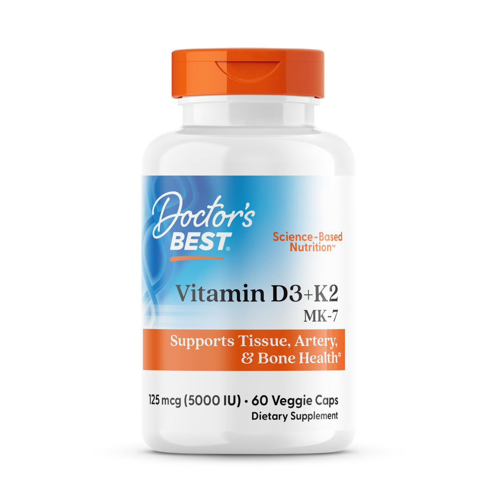 Doctor's Best Vitamin D3 + K2 bottle front view supports bone and artery health.