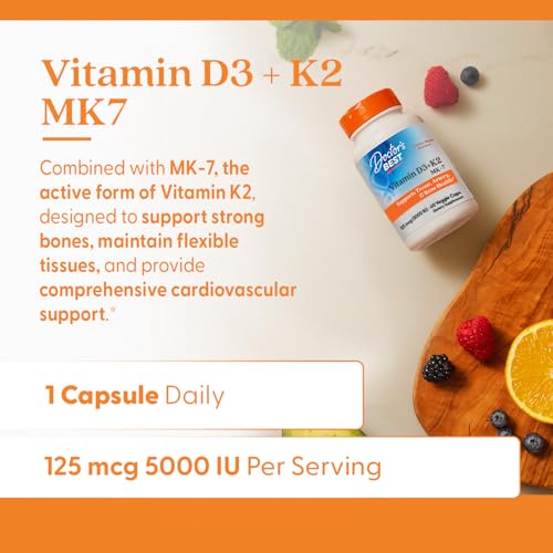 Doctor's Best Vitamin D3 + K2 bottle pour enables easy daily dosing.