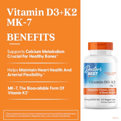 Doctor's Best Vitamin D3 + K2 capsules close-up for daily bone support.