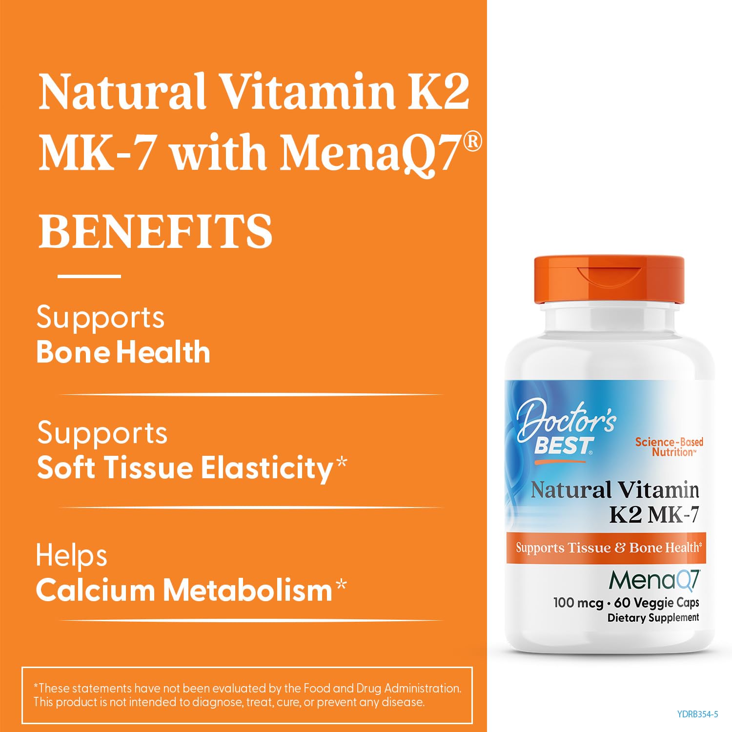 Close-up of Doctor's Best Vitamin K2 Mk-7 capsules highlighting vegan formula and MenaQ7 purity