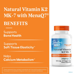 Close-up of Doctor's Best Vitamin K2 Mk-7 capsules highlighting vegan formula and MenaQ7 purity
