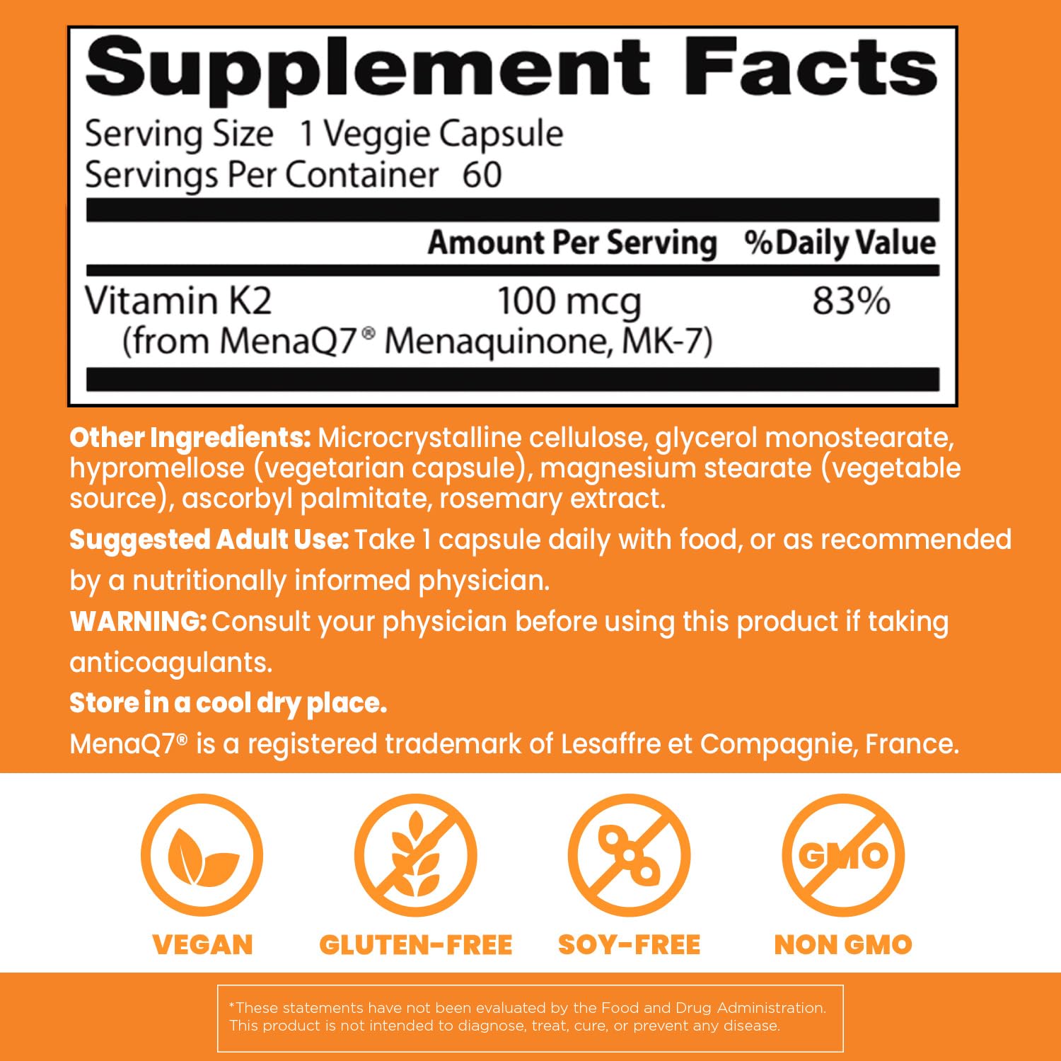 Nutrition label on Doctor's Best K2 Mk-7 bottle emphasizes non-GMO, gluten-free, soy-free attributes
