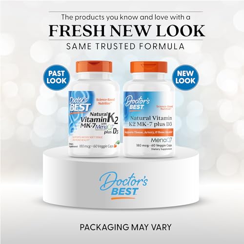 Doctor's Best Vitamin K2 MK-7 D3 capsules show vegetarian-friendly, easy-to-swallow capsules.