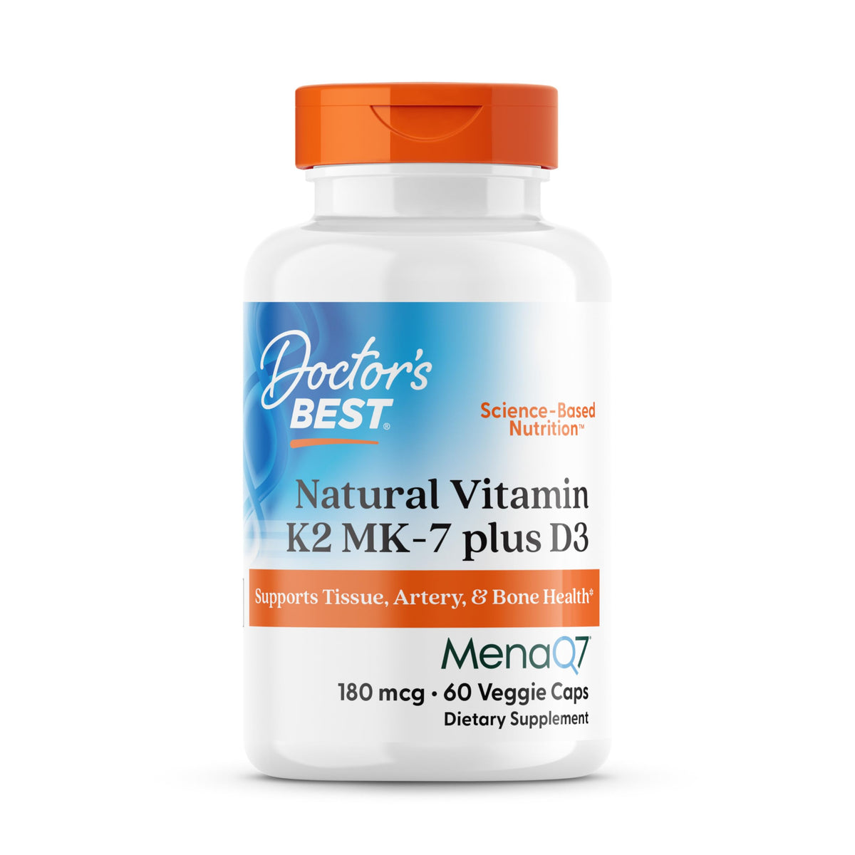 Doctor's Best Vitamin K2 MK-7 + D3 bottle highlighting MenaQ7 for bone and tissue support.