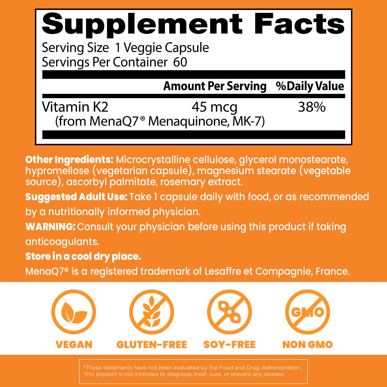 Label view of Doctors Best Vitamin K2 MK-7 featuring MenaQ7.