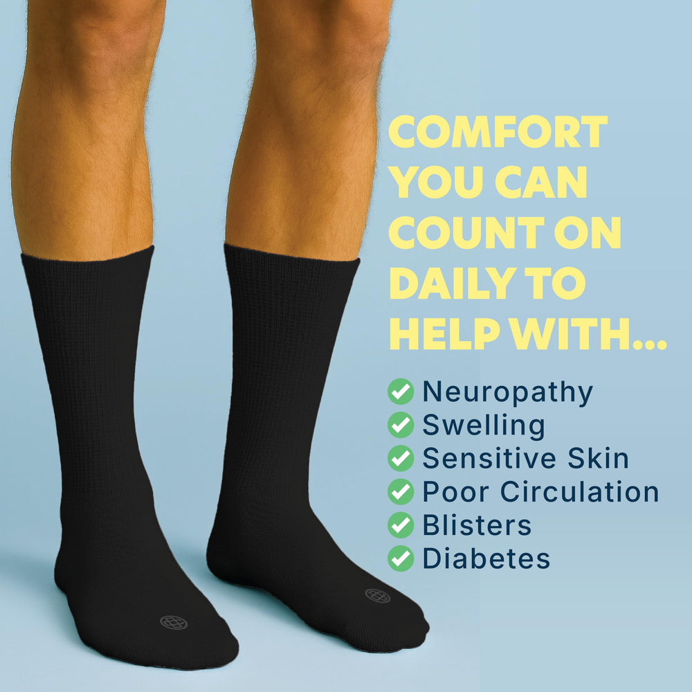 Doctor's Choice non-binding-top socks promote a relaxed leg fit.