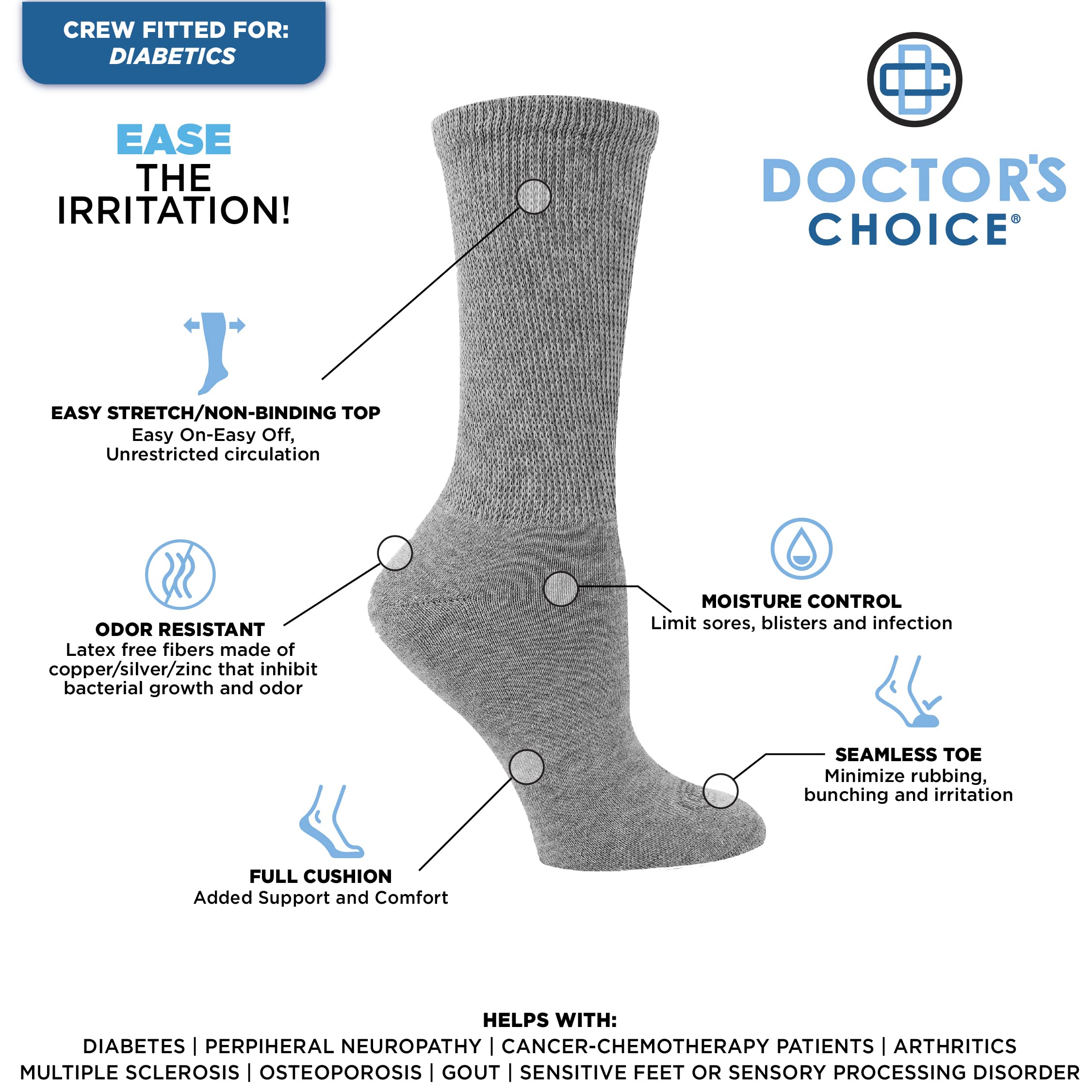 Doctor's Choice seamless-toe socks prevent rubbing for sensitive feet.